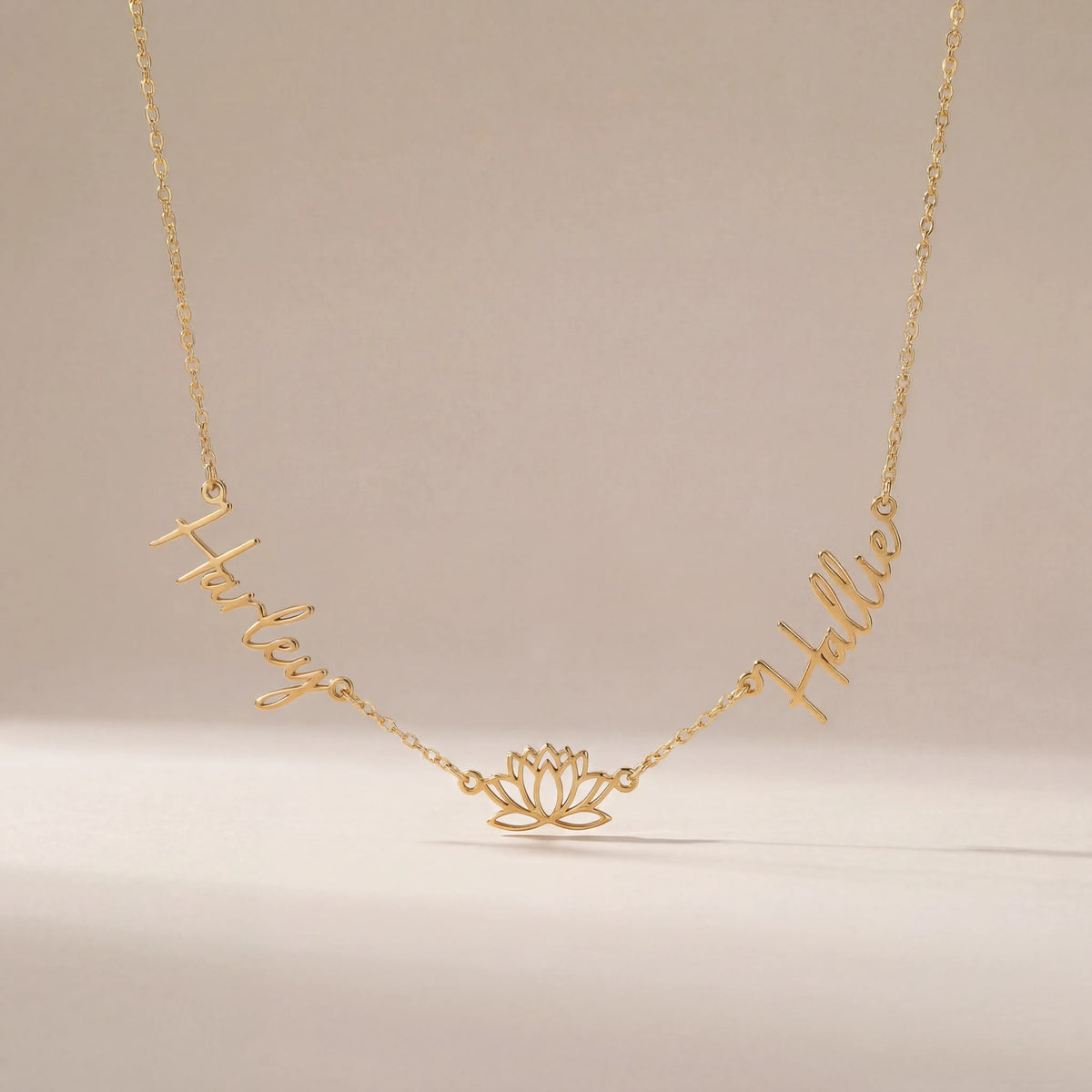Personalised Lotus Necklace with Two Names – Gold, Silver or Vermeil