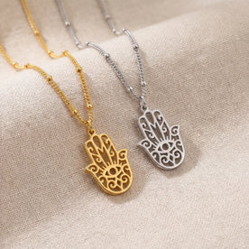18ct Hamsa Hand Necklace - Choose Between 2 Symbol Designs, 3 Chain Style & 4 Lengths