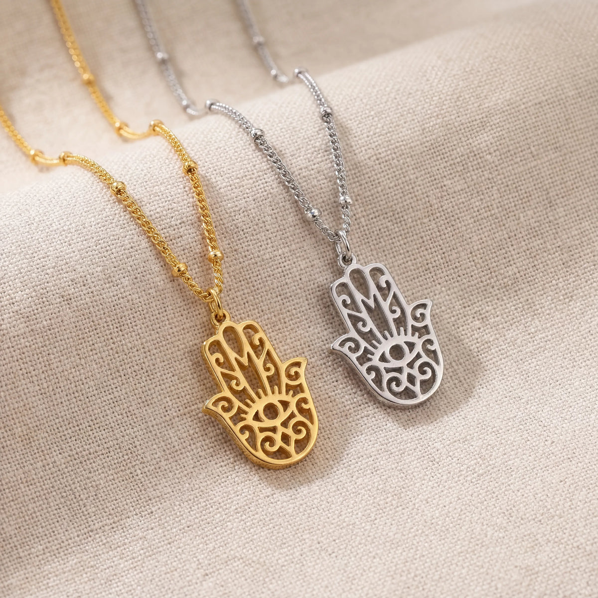 18ct Hamsa Hand Necklace - Choose Between 2 Symbol Designs, 3 Chain Style & 4 Lengths