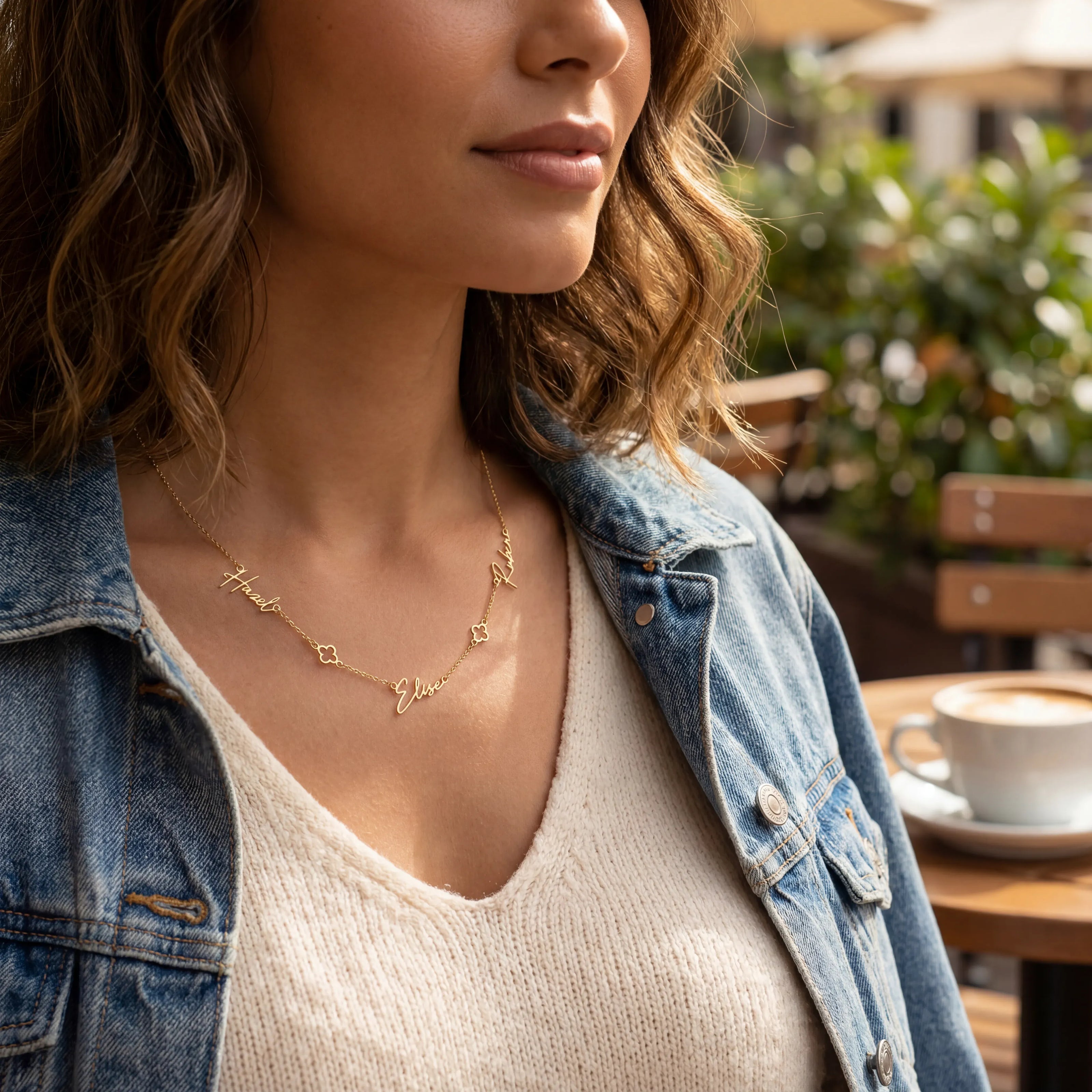 Triple Name Necklace with Two Clovers – Custom Personalised Necklace in Gold or Silver
