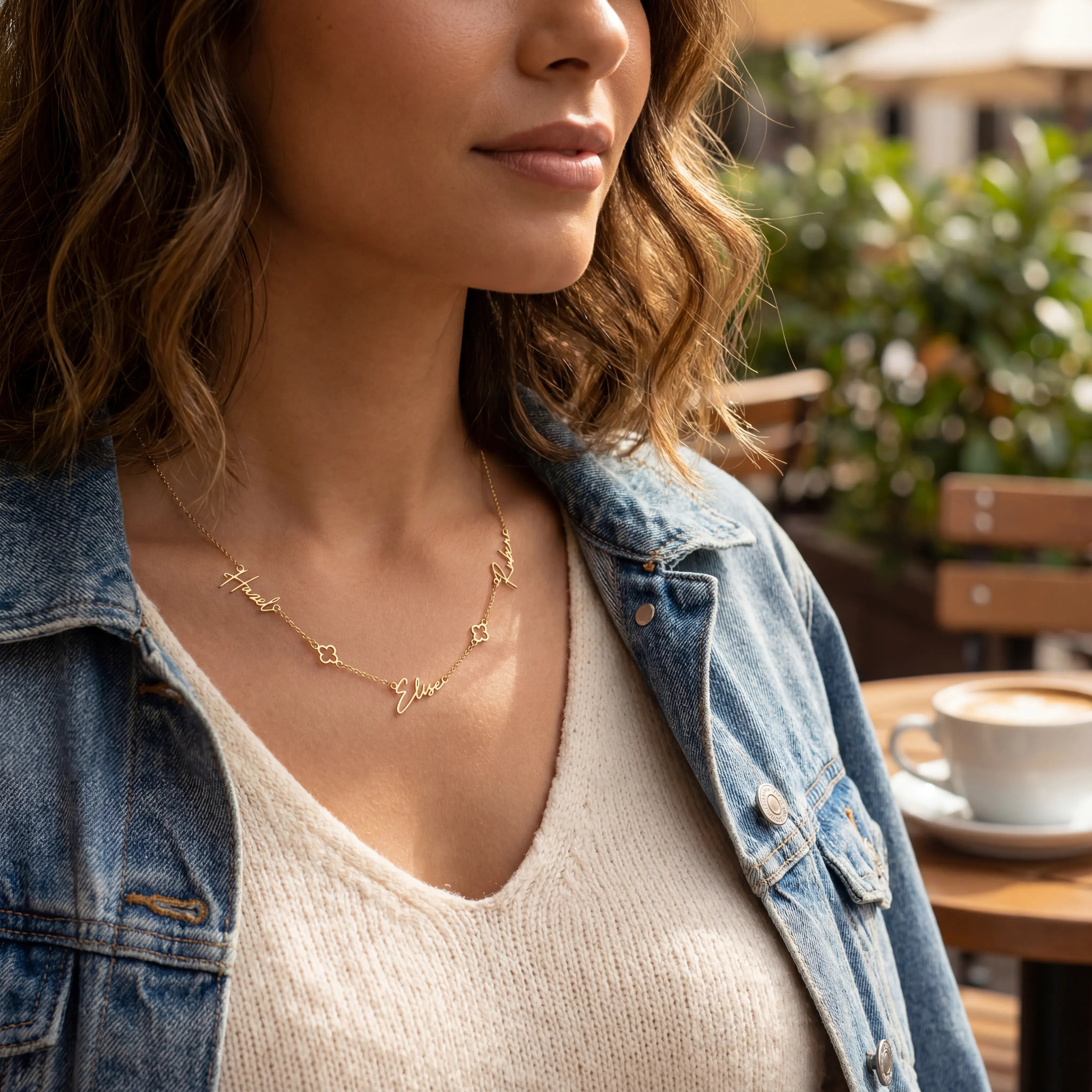 Necklace Triple Name Necklace with Two Clovers HBD