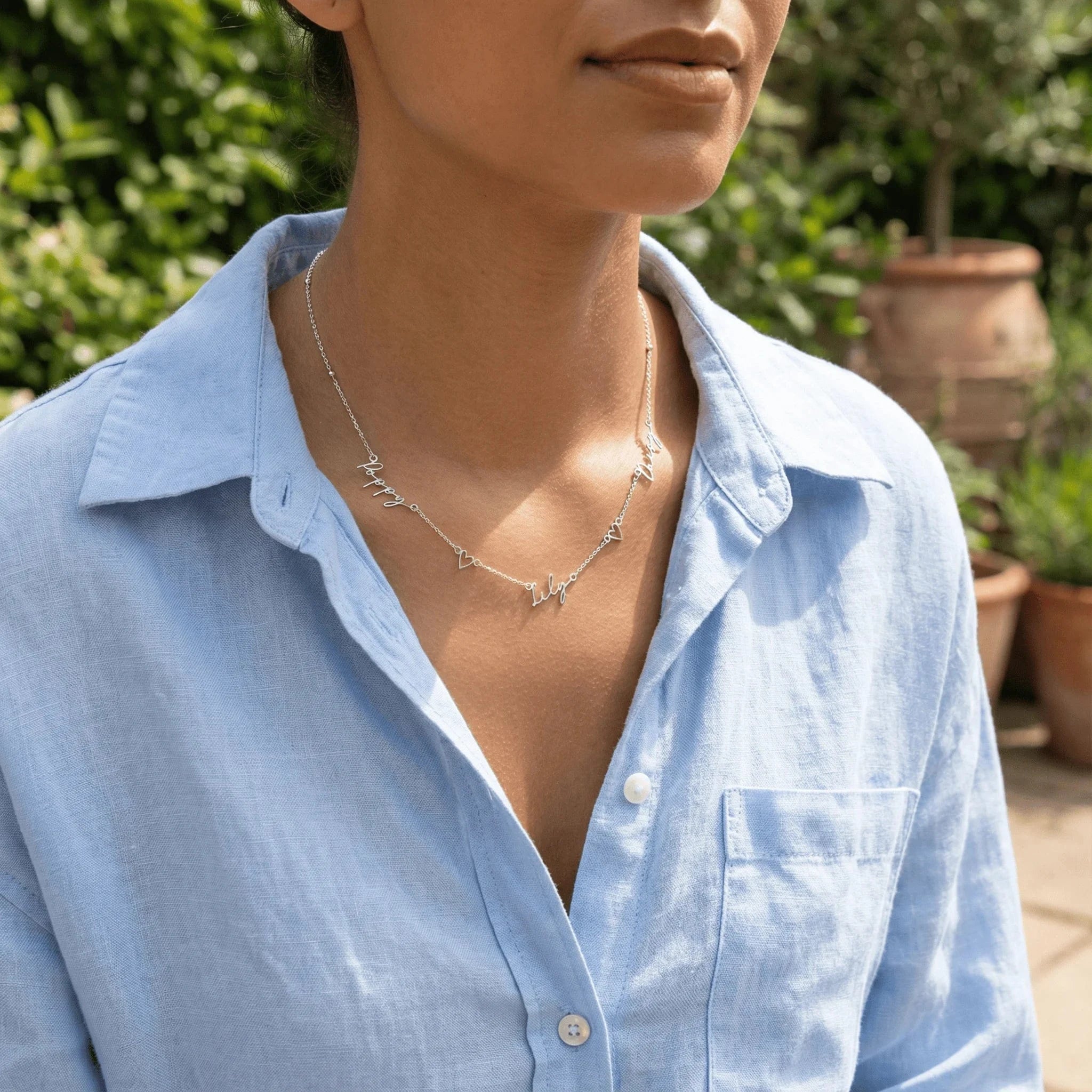 Necklace Triple Name Necklace with Two Hearts HBD