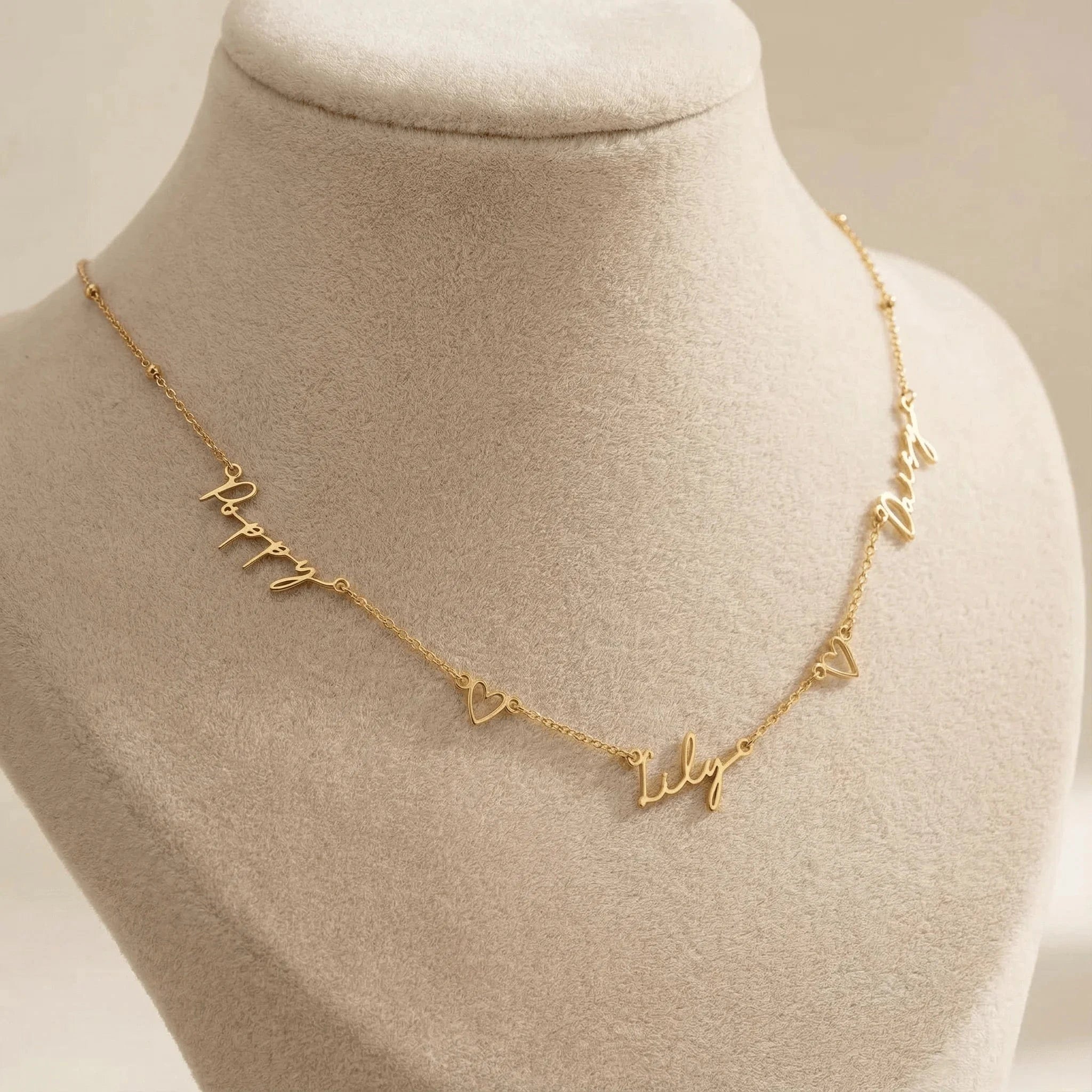 Necklace Triple Name Necklace with Two Hearts HBD