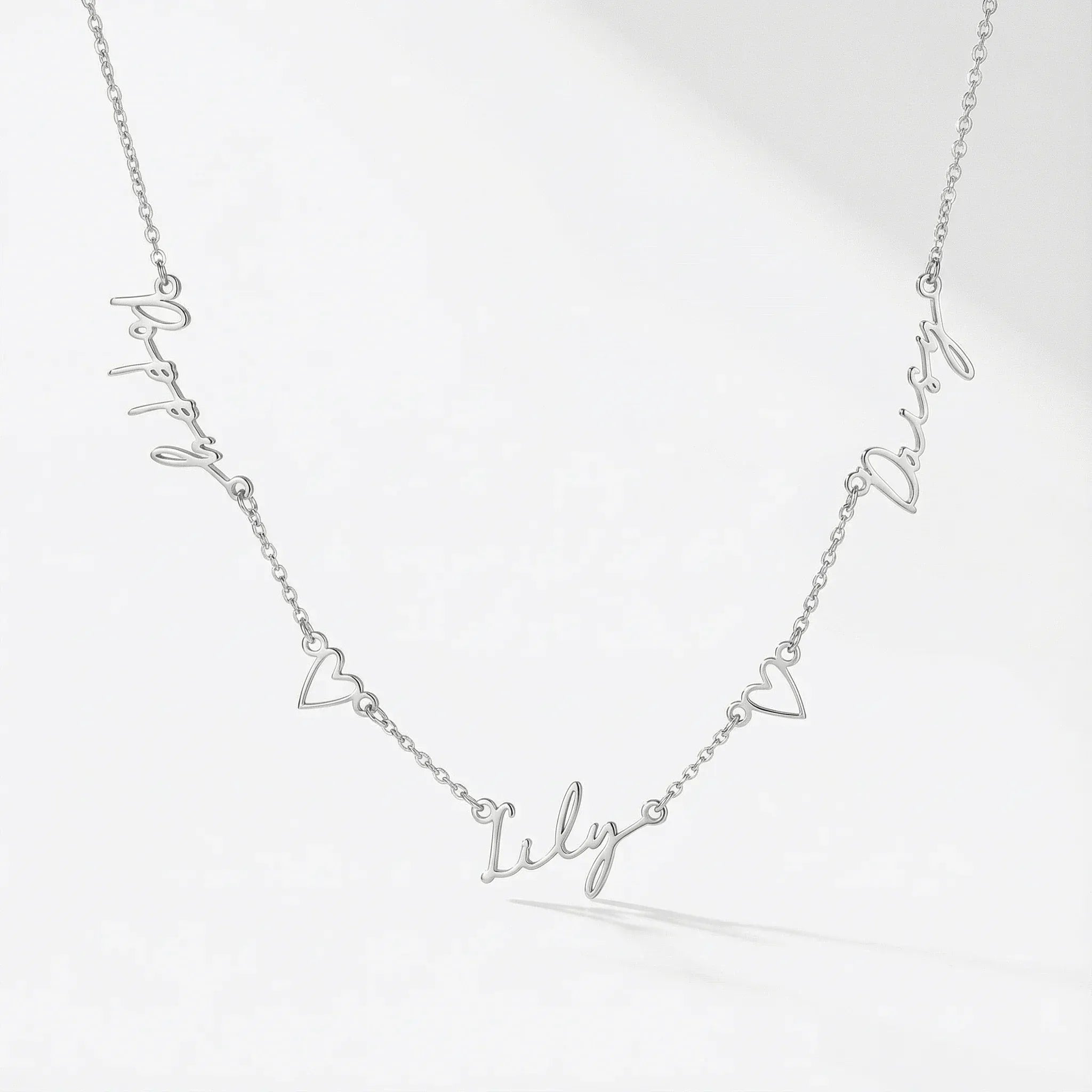 Necklace Triple Name Necklace with Two Hearts HBD