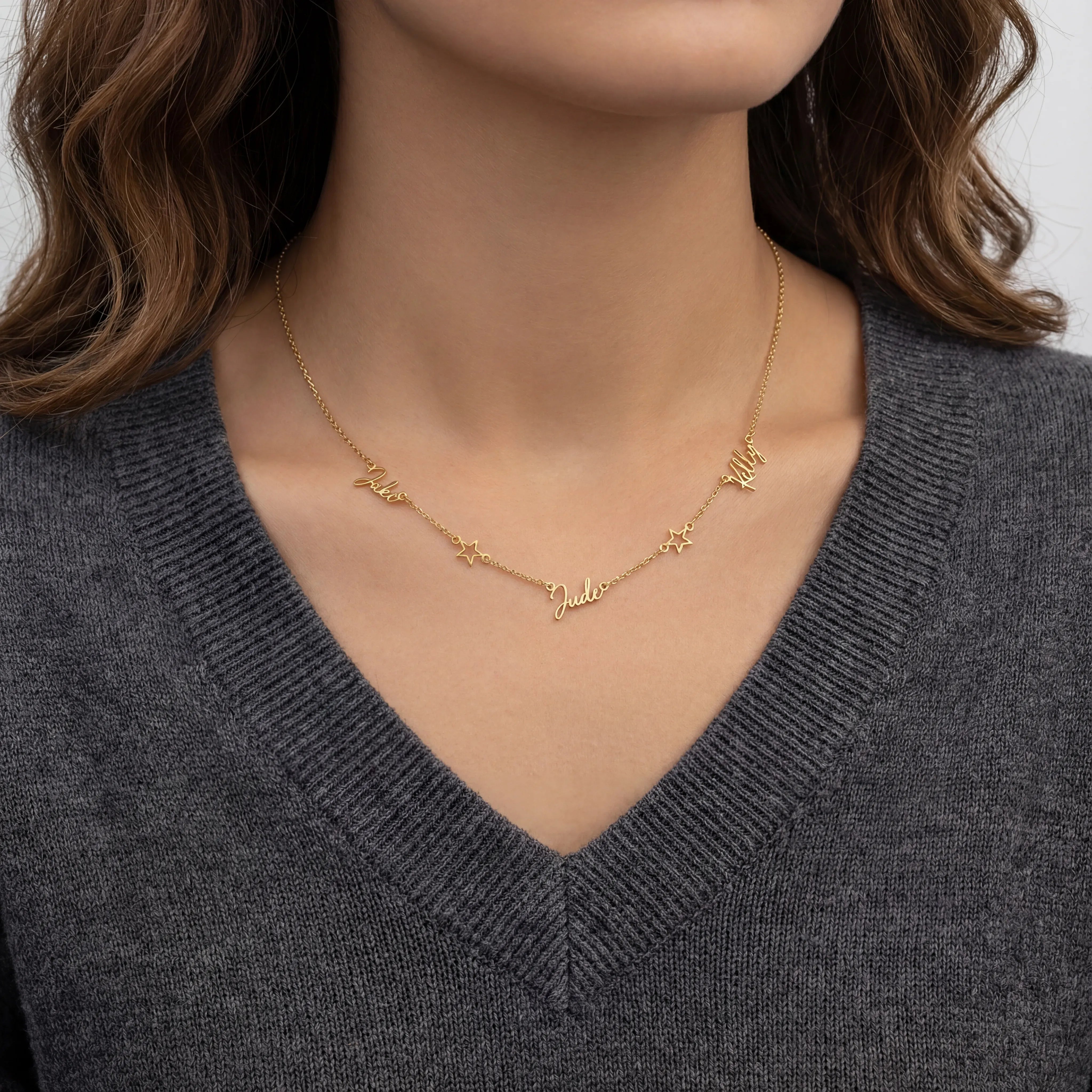 Necklace Triple Name Necklace with Two Stars HBD