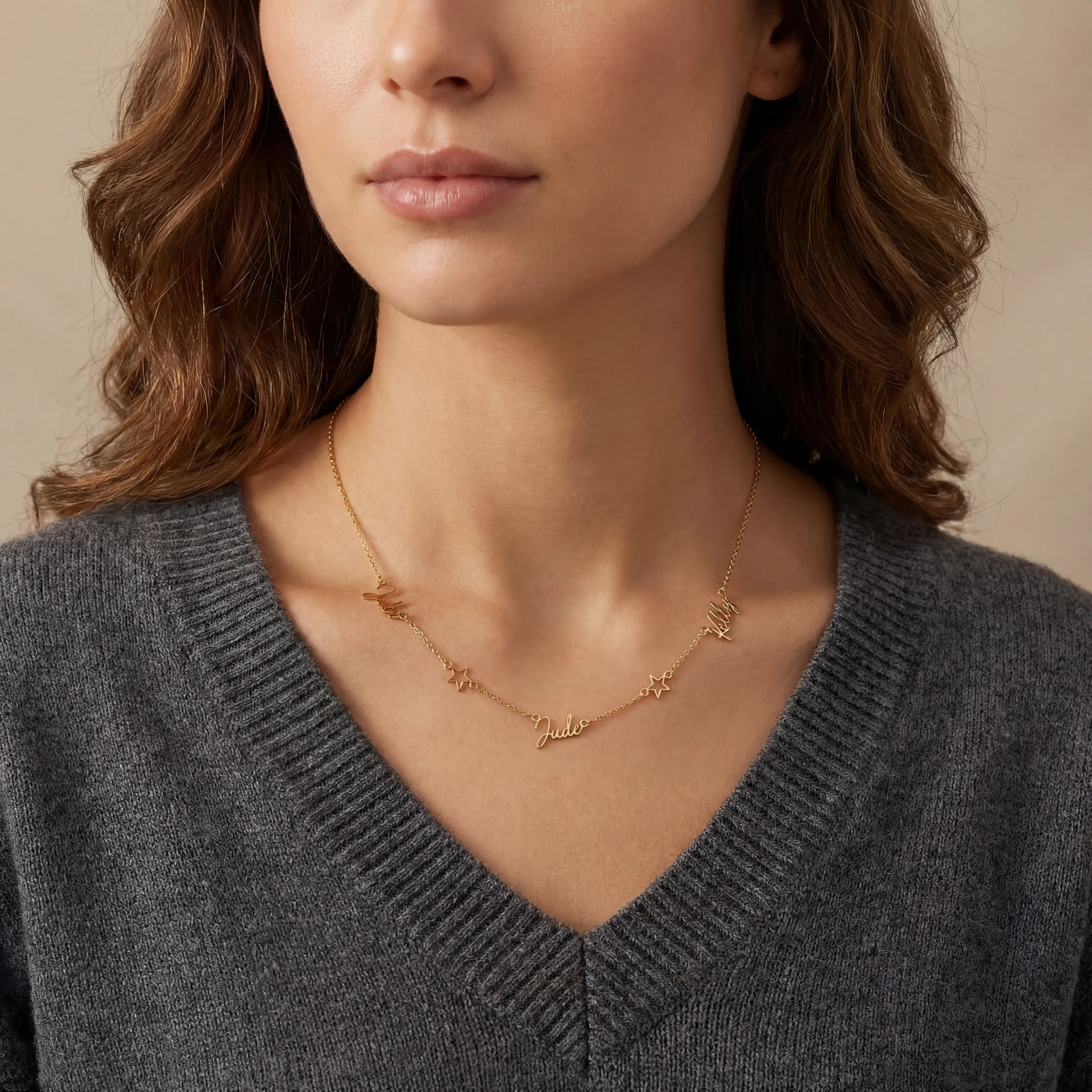 Necklace Triple Name Necklace with Two Stars HBD