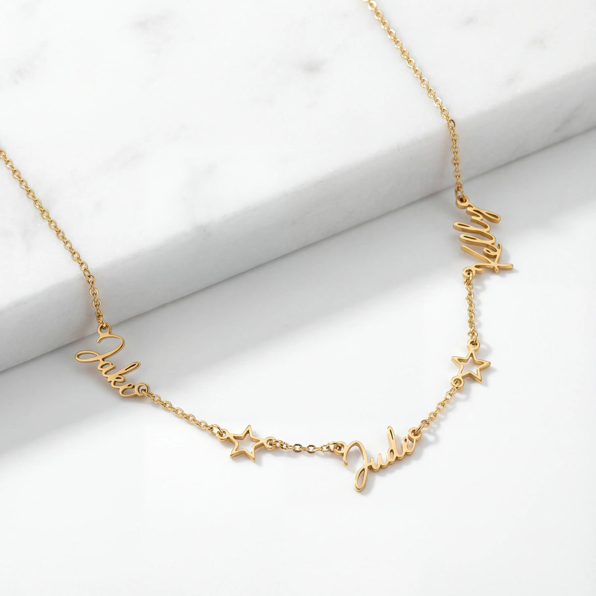 Triple Name Necklace with Two Stars – Custom Personalised Necklace in Gold or Silver