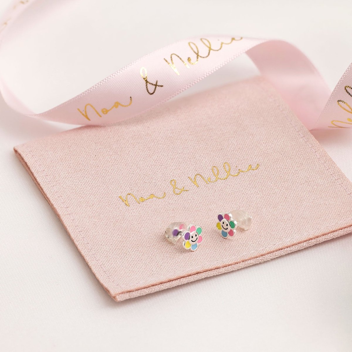 Noa & Nellie Earrings Sterling Silver Kids Smiley Flower Stud Earrings