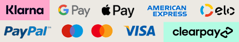 Logos of accepted payment methods: Klarna, PayPal, Google Pay, Apple Pay, American Express, Visa, Mastercard, Elo and Clearpay.