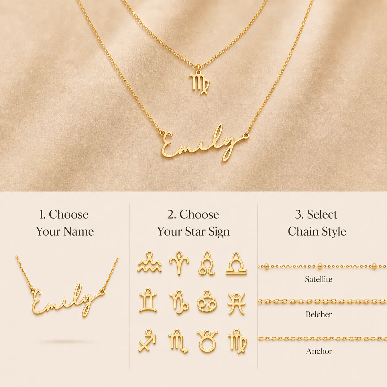 Personalised Name & Zodiac Necklace Set | Star Sign Jewellery | HBD