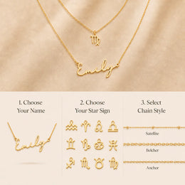 Personalised Name & Zodiac Necklace Set | Star Sign Jewellery | HBD