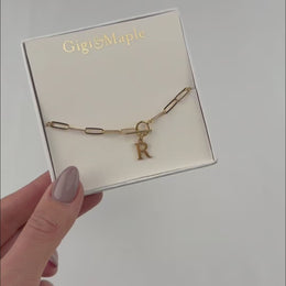 Initial Bracelet with Oval Belcher T-bar Chain & Multiple Charms in Gold or Silver