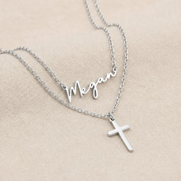 Personalised Name & Cross Layered Necklace Set | HBD