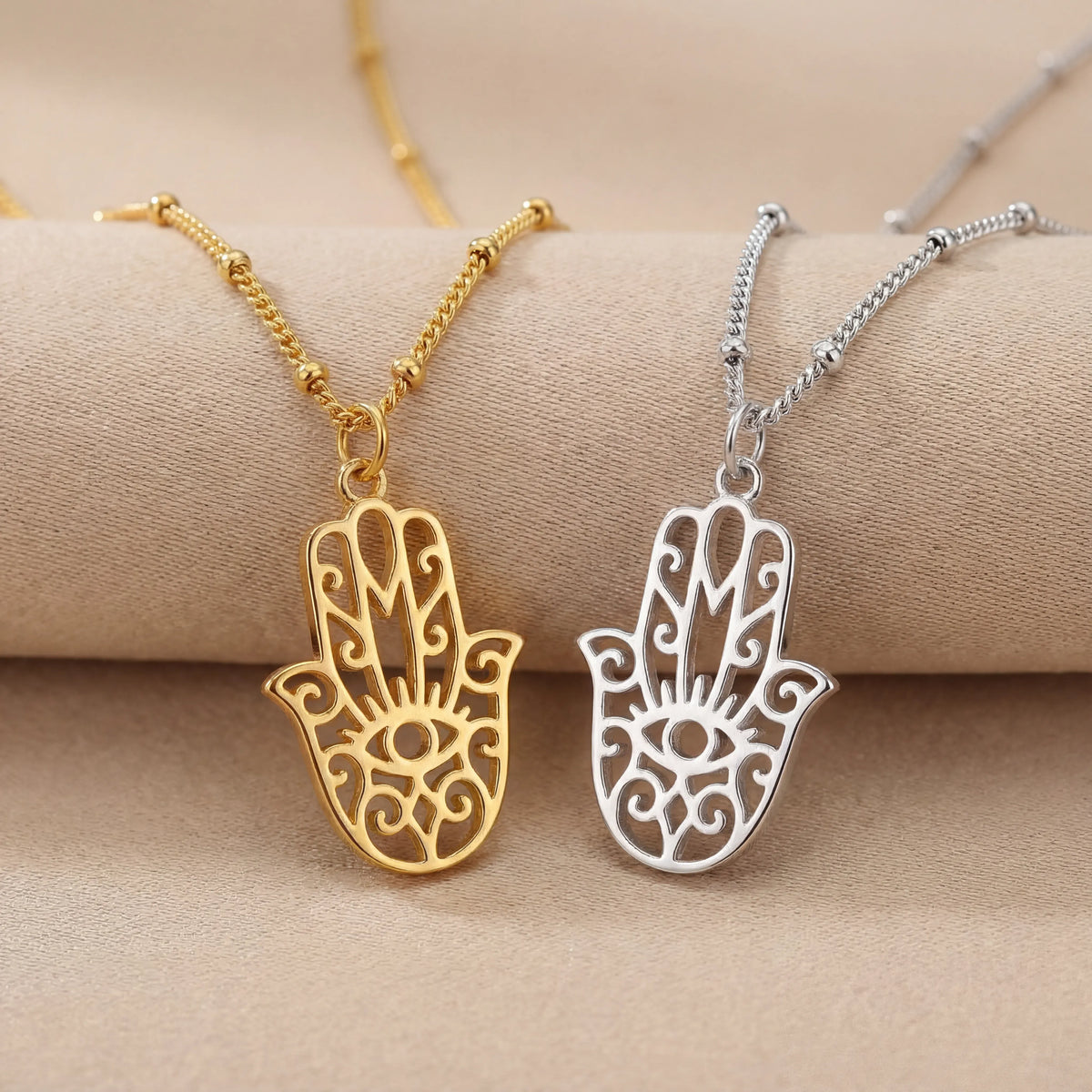 18ct Hamsa Hand Necklace - Choose Between 2 Symbol Designs, 3 Chain Style & 4 Lengths