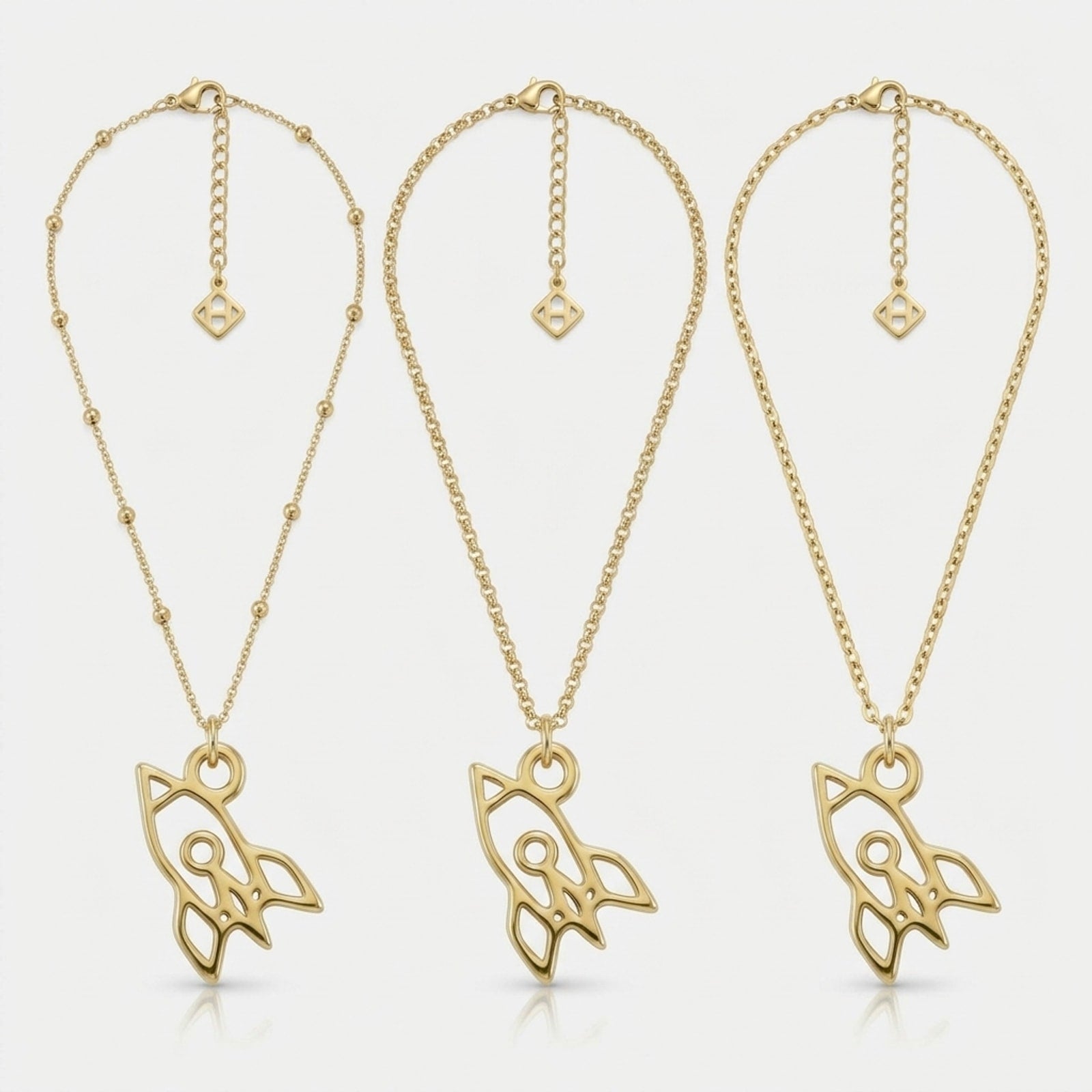 Space Rocket Charm Necklace & Bracelet, all three chains, gold