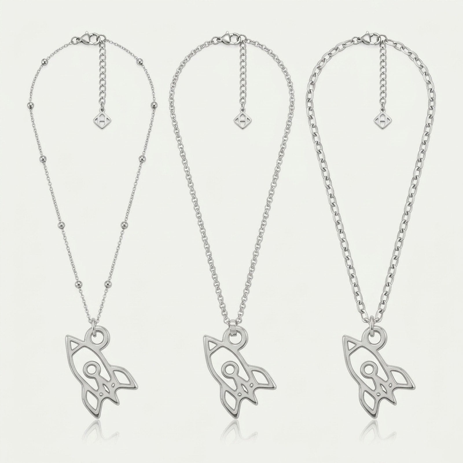 Space Rocket Charm Necklace & Bracelet, all three chains, silver