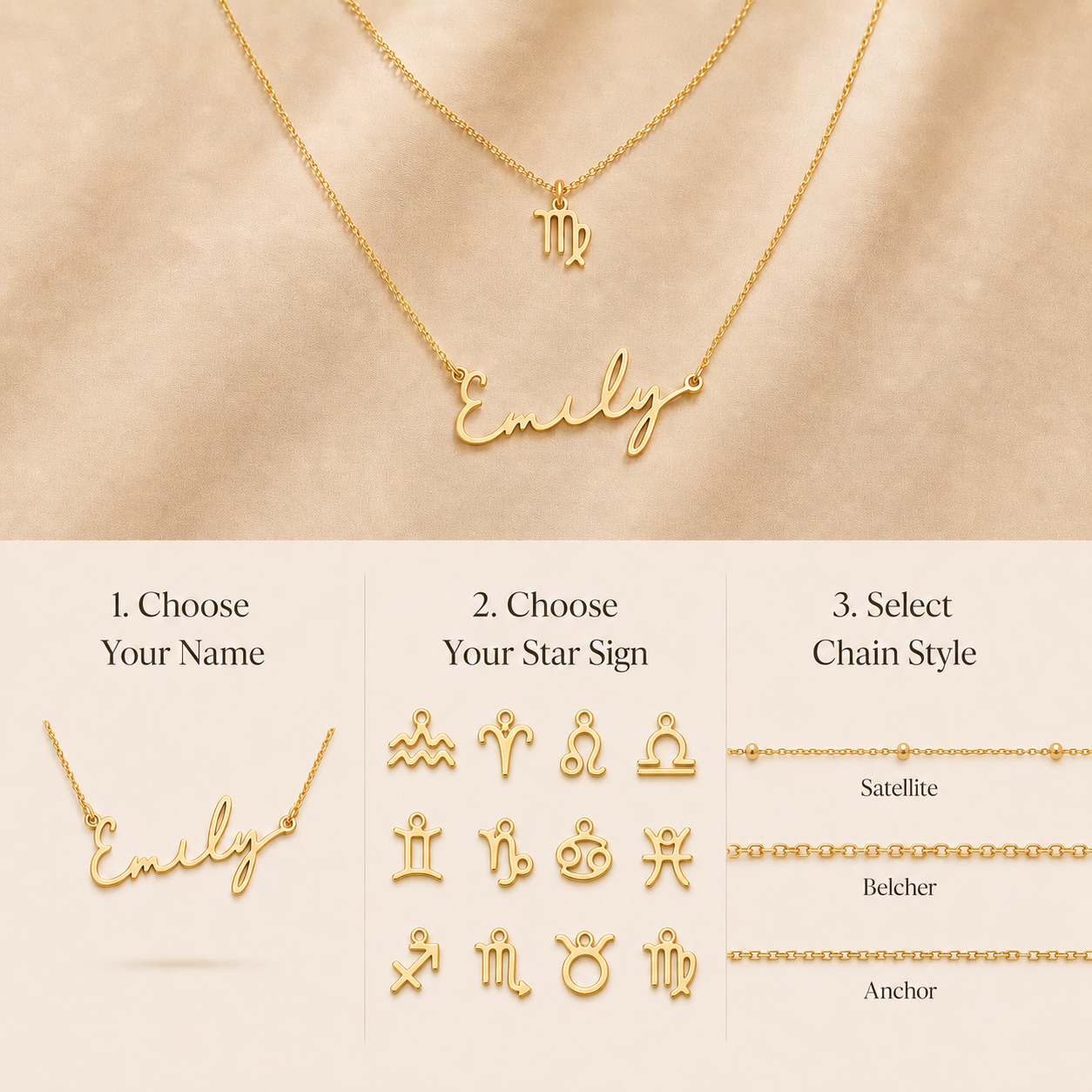 Personalised Name & Zodiac Necklace Set | Star Sign Jewellery | HBD