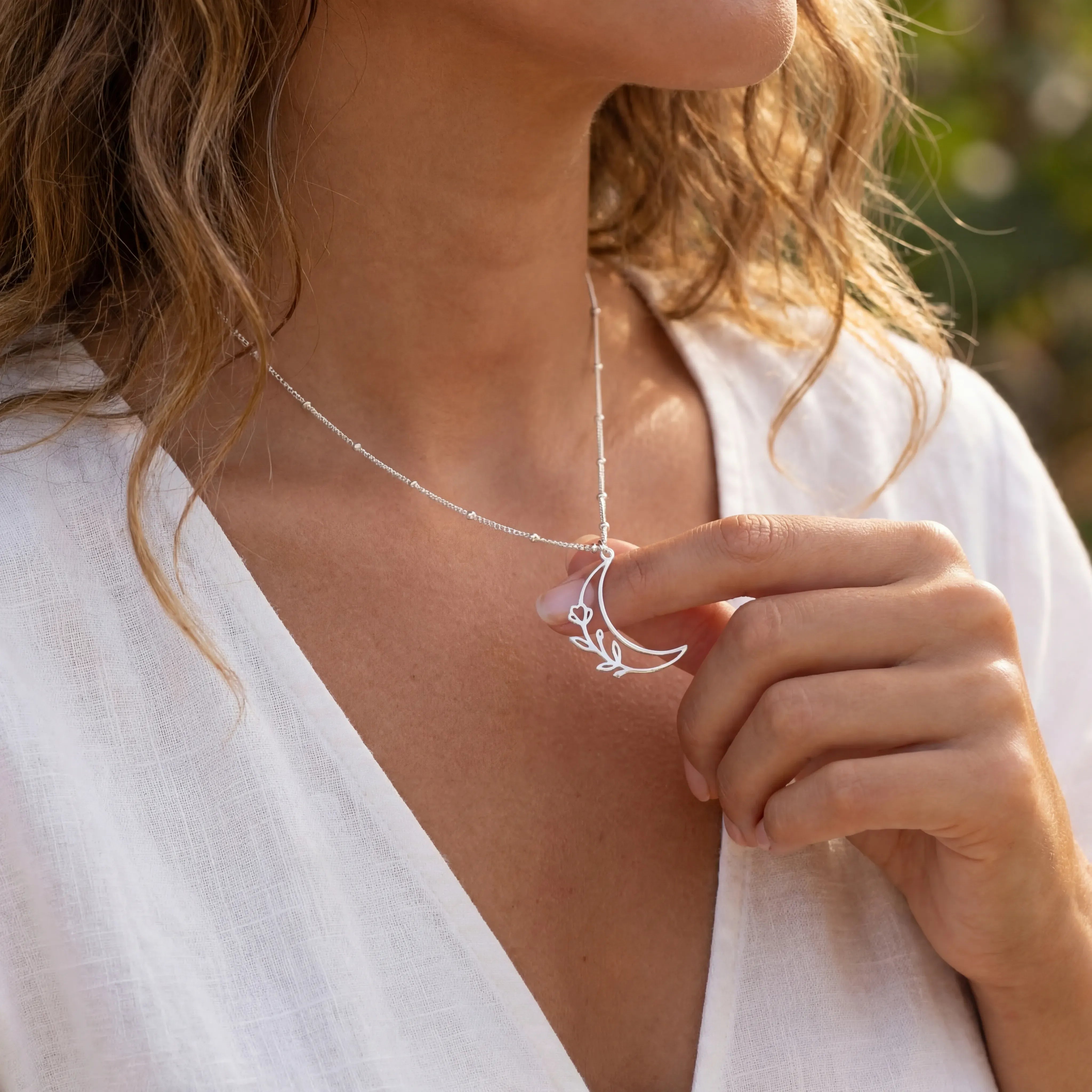 Necklace Sterling Silver / Style 1 / 18" Inches Half Moon & Flower Necklace HBD