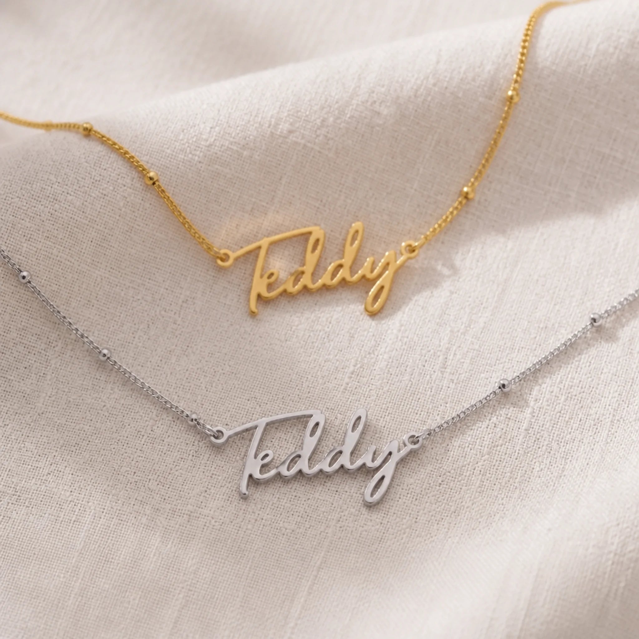 Teddy Name Necklace | 18ct Gold, Silver & Vermeil | Ready to Ship