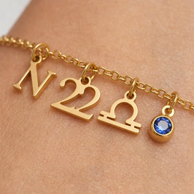 Personalised Story Bracelet with Initial, Year, Zodiac & Birthstone – Custom Gift for Her