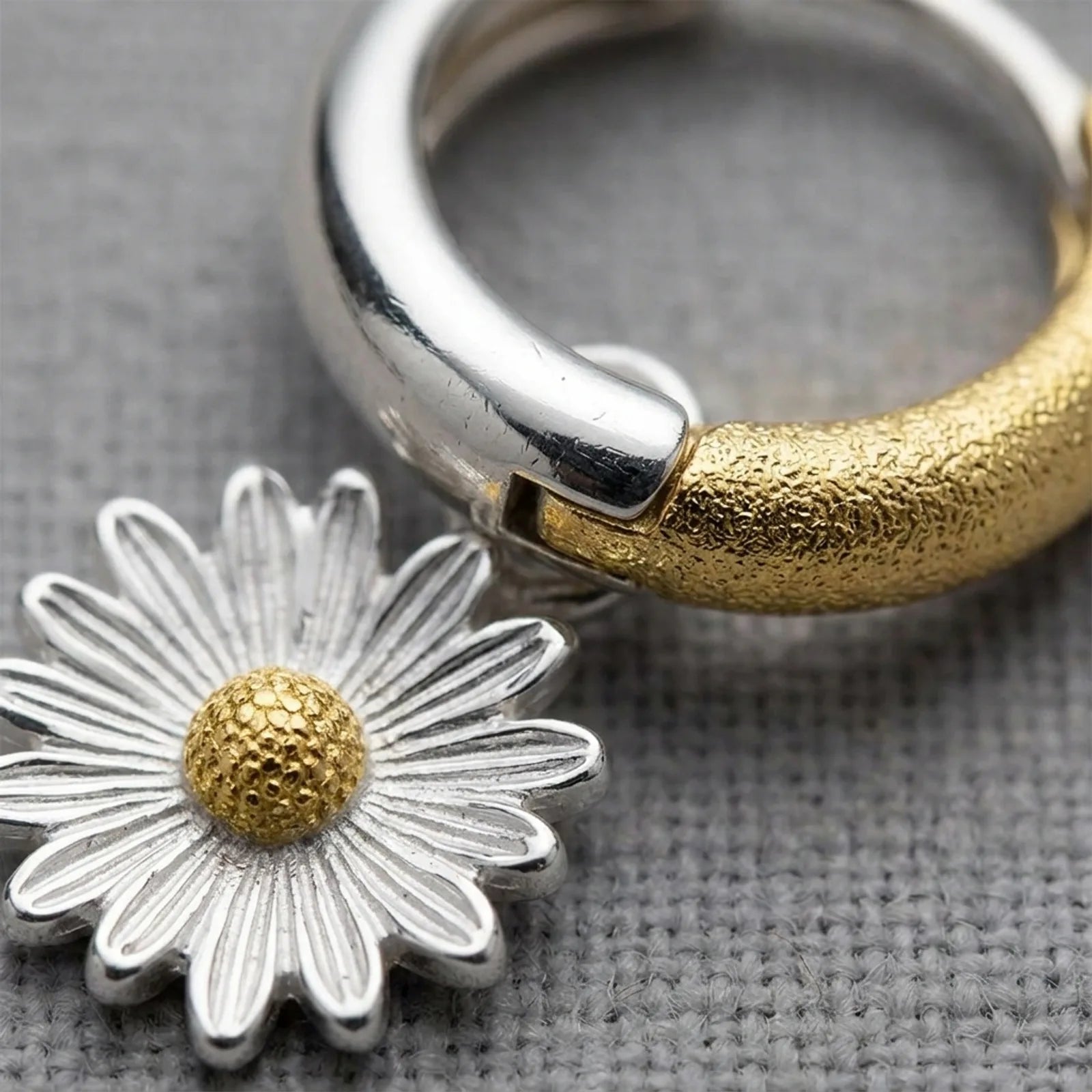 Two-tone Daisy Charm Huggie Hoop Earrings
