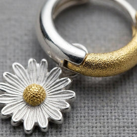 Two-tone Daisy Charm Huggie Hoop Earrings