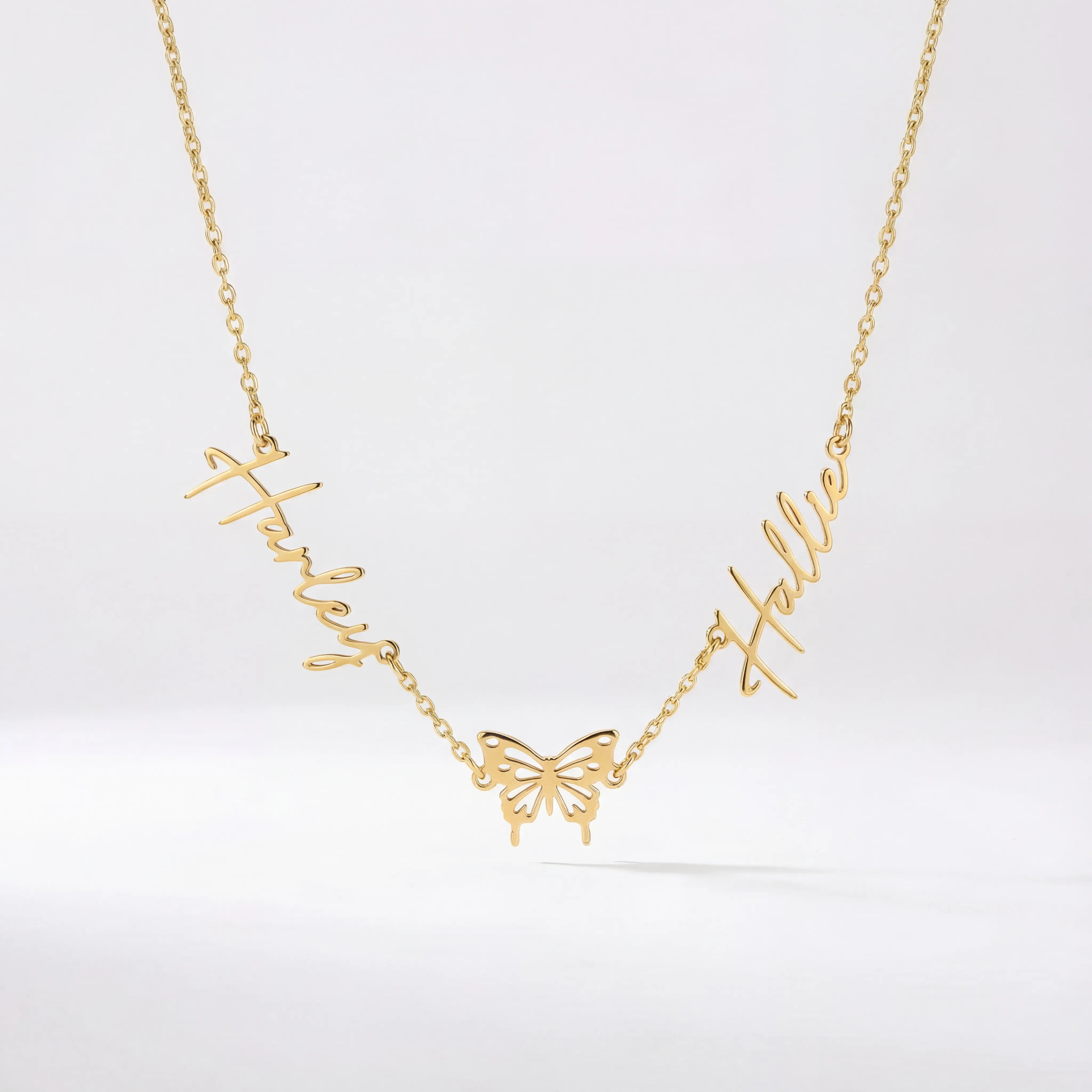 Necklace Vermeil / Style 1 / 18" Inches Double Name with Butterfly Necklace HBD
