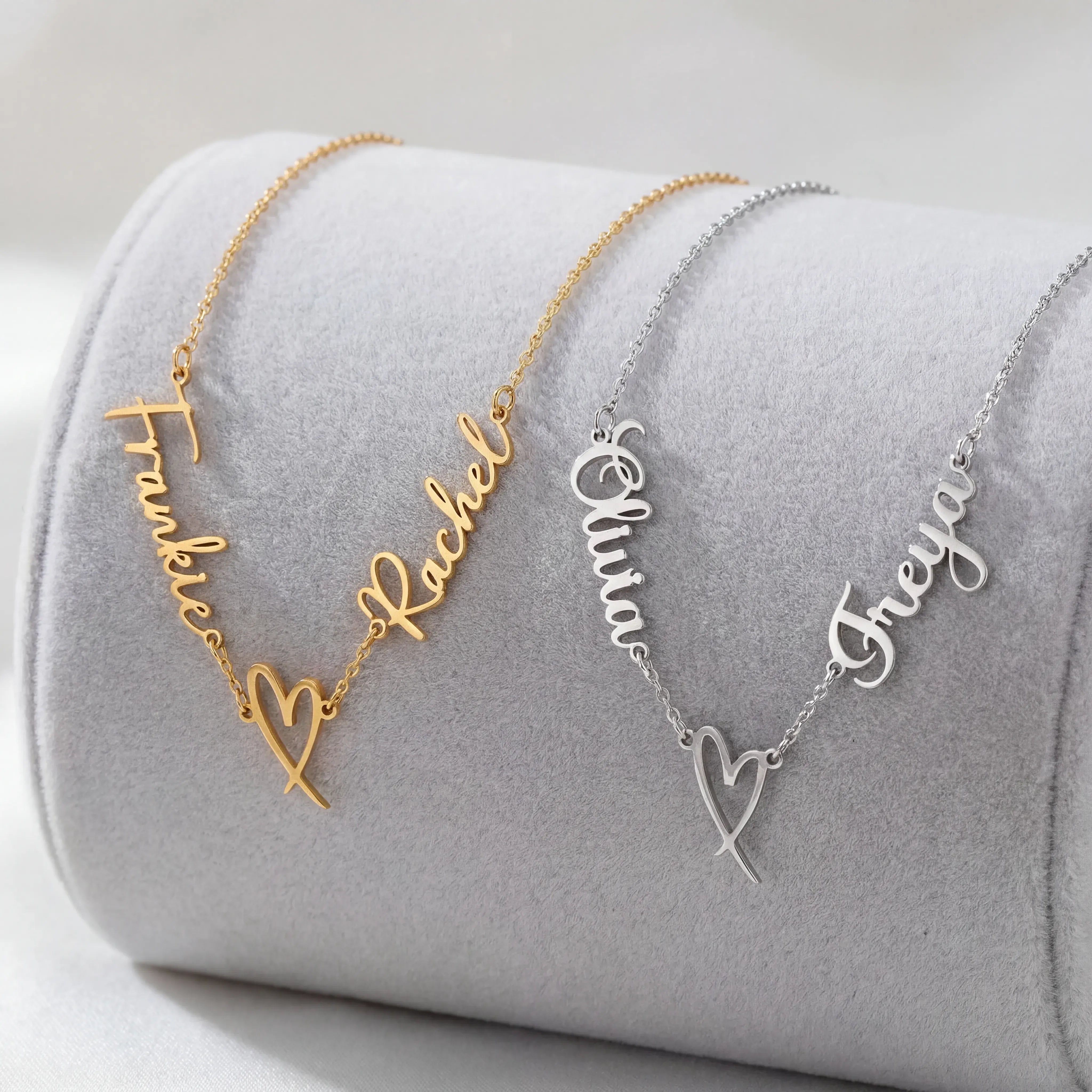 Necklace Vermeil / Style 1 / 18" Inches Double Name with Heart Necklace HBD