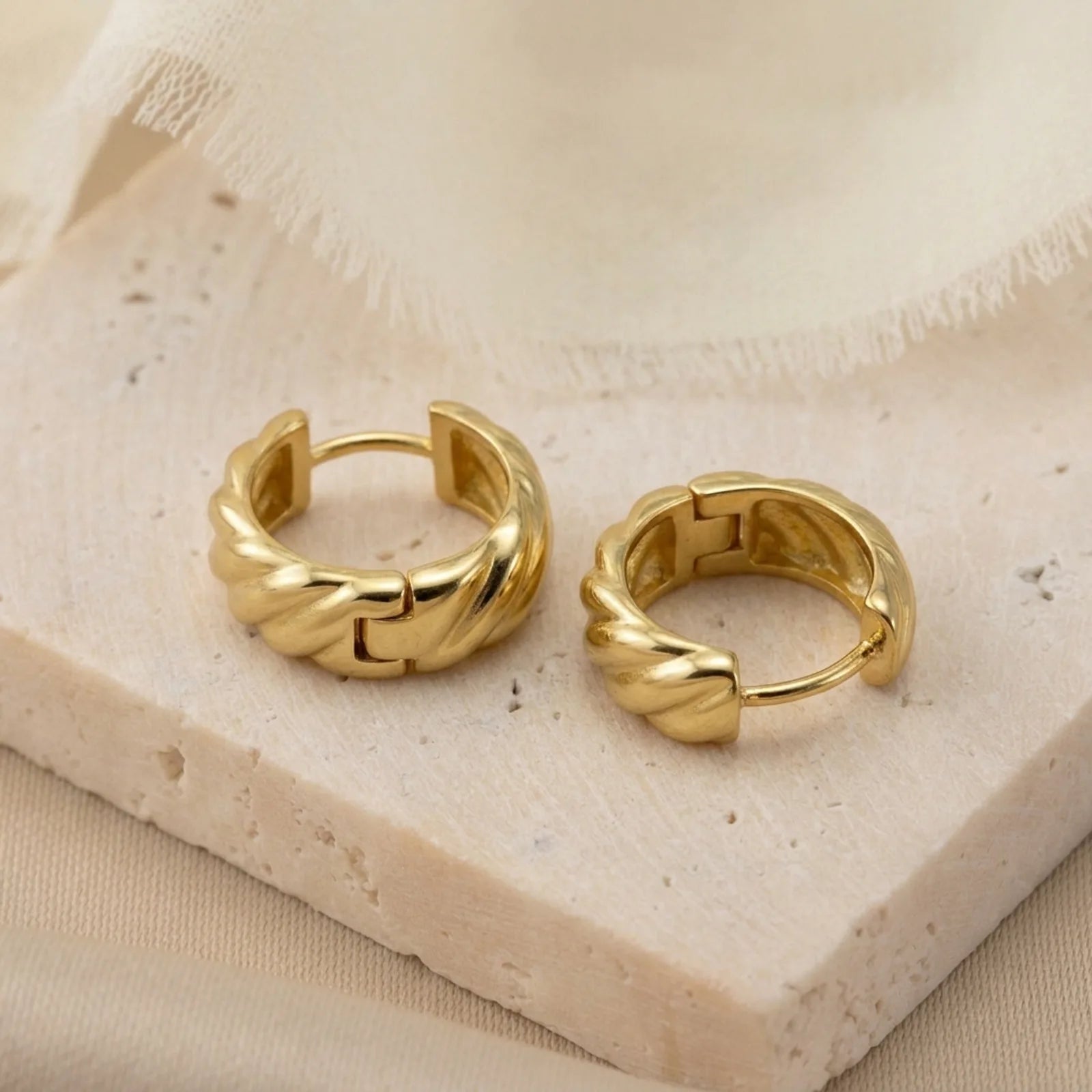 Wide Ribbed Huggie Hoop Earrings in 14ct Gold or Sterling Silver